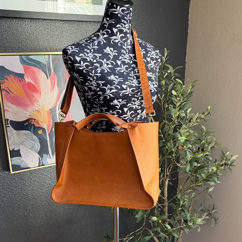 Everyday Cognac Leather Shoulder Tote with Adjustable Strap